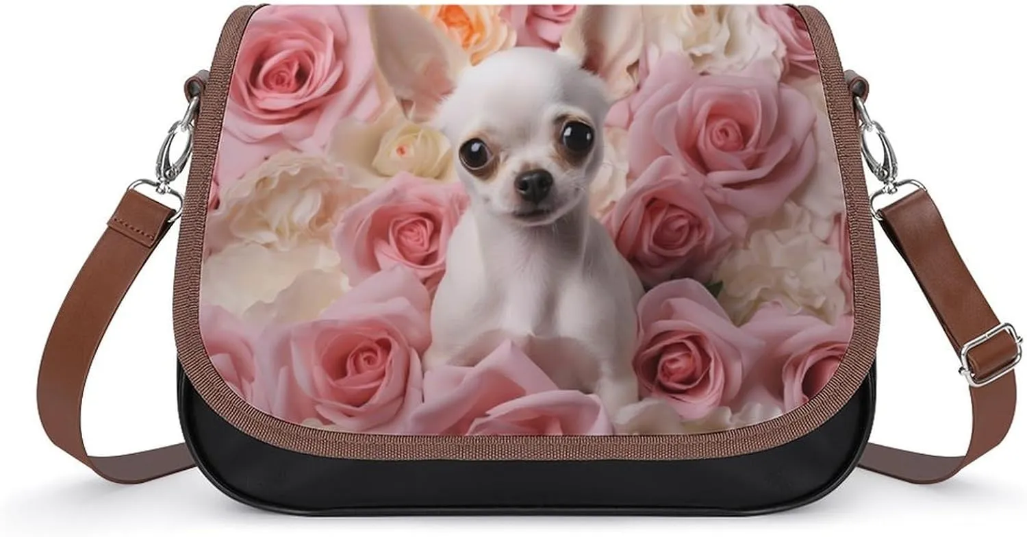 Pet Dog Chihuahua with Rose Flower Women's Crossbody Bags PU Leather Bag Handbags Mini Shoulder Bag Messenger Bag