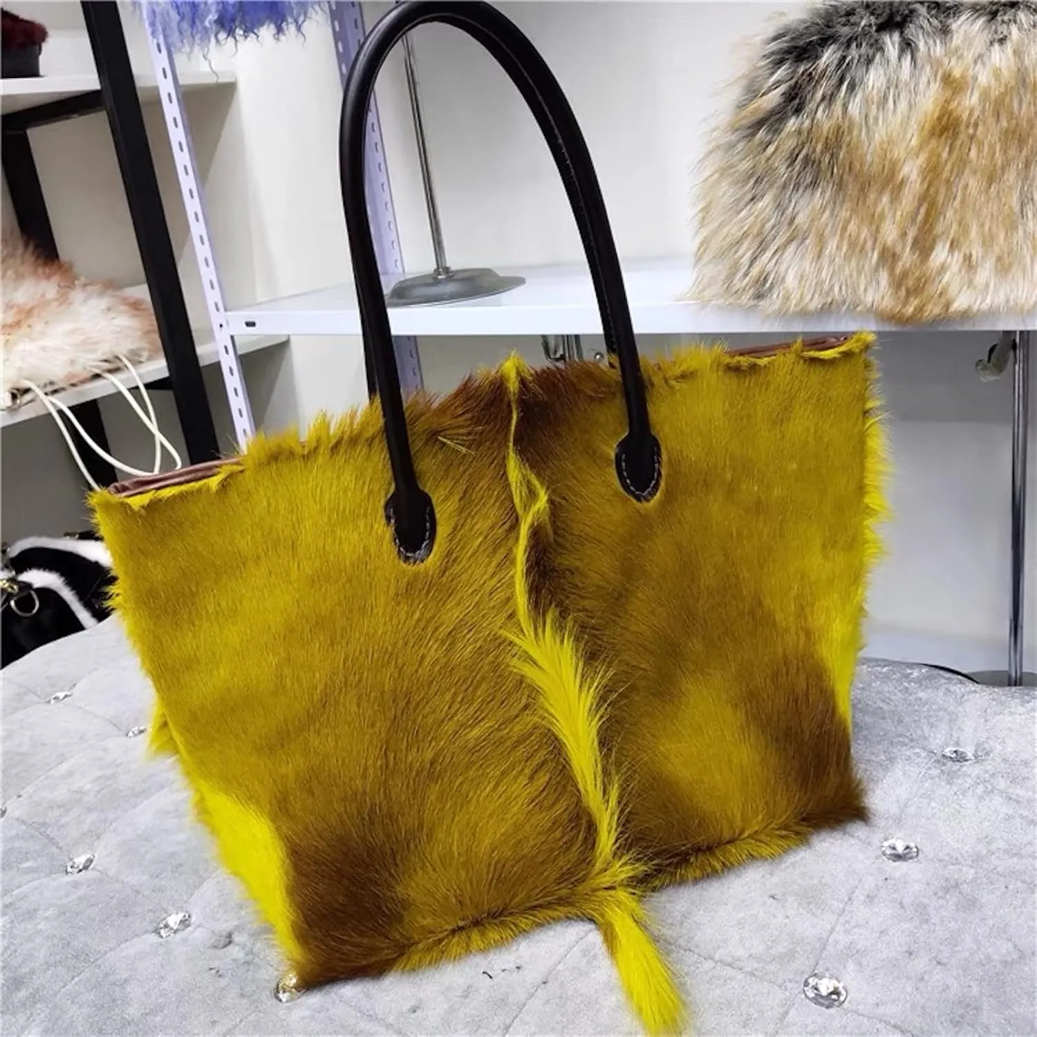 PHS15 Real Sheep Fur Tote Bag For Women With Real Cowhide Leather Handle Big Handbag One Shoulder Bag Shopping Bag Fluffy Furry Goat Fur (One Size, Light yellow)