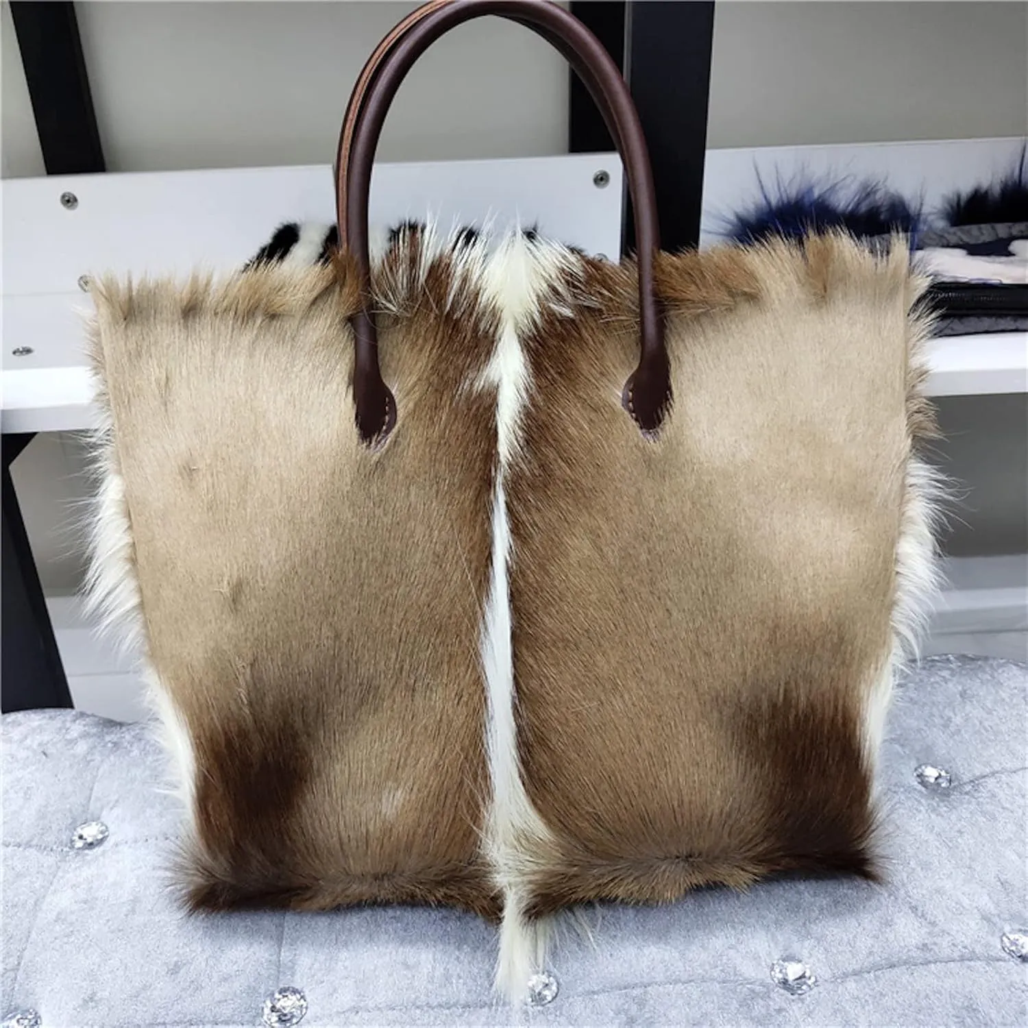 PHS15 Real Sheep Fur Tote Bag For Women With Real Cowhide Leather Handle Big Handbag One Shoulder Bag Shopping Bag Fluffy Furry Goat Fur (One Size, Light yellow)