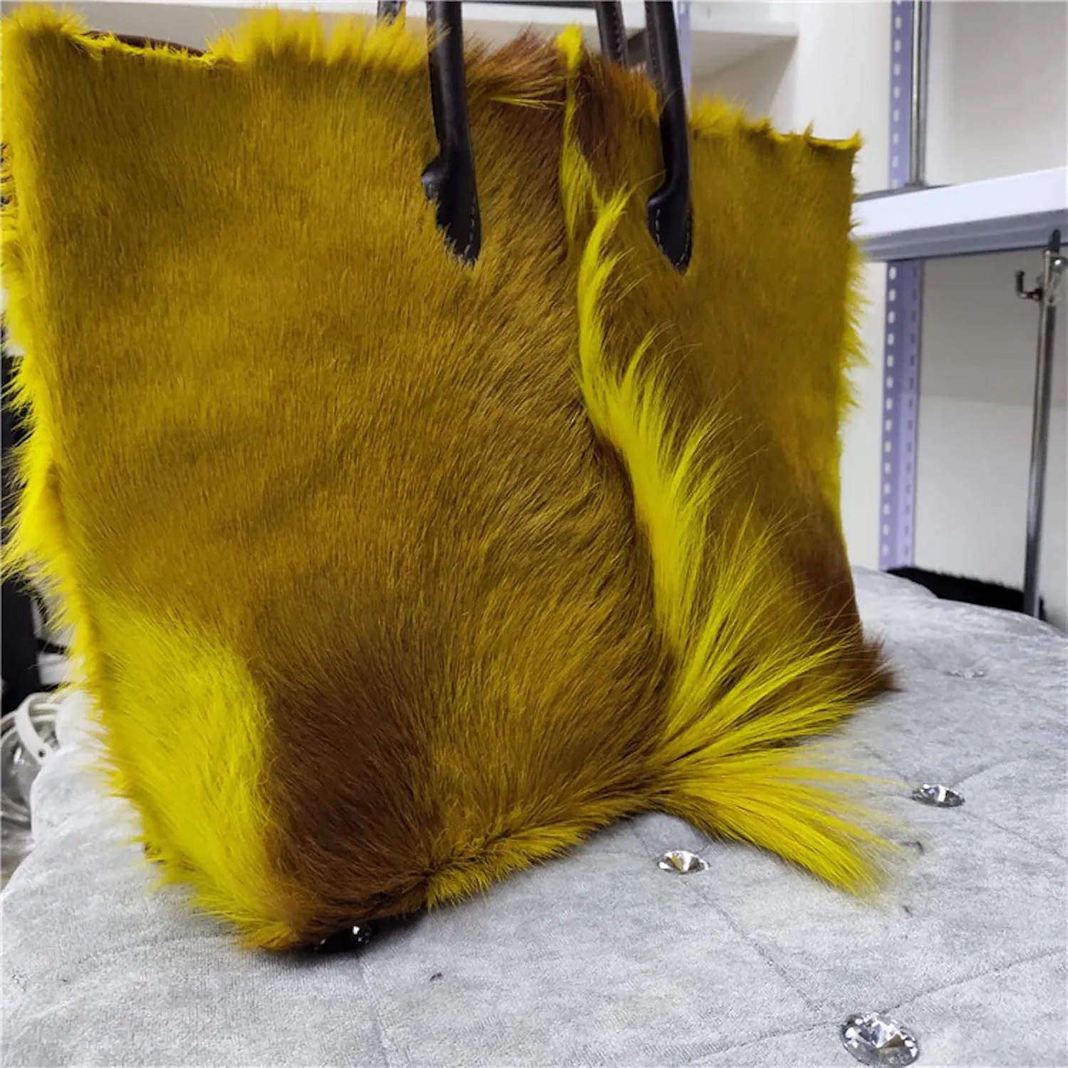 PHS15 Real Sheep Fur Tote Bag For Women With Real Cowhide Leather Handle Big Handbag One Shoulder Bag Shopping Bag Fluffy Furry Goat Fur (One Size, Light yellow)