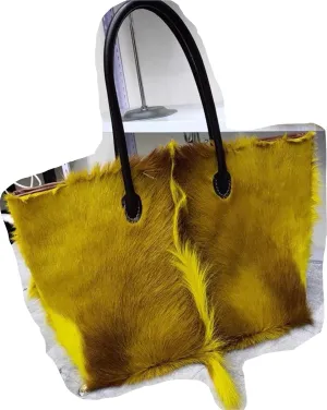 PHS15 Real Sheep Fur Tote Bag For Women With Real Cowhide Leather Handle Big Handbag One Shoulder Bag Shopping Bag Fluffy Furry Goat Fur (One Size, Light yellow)