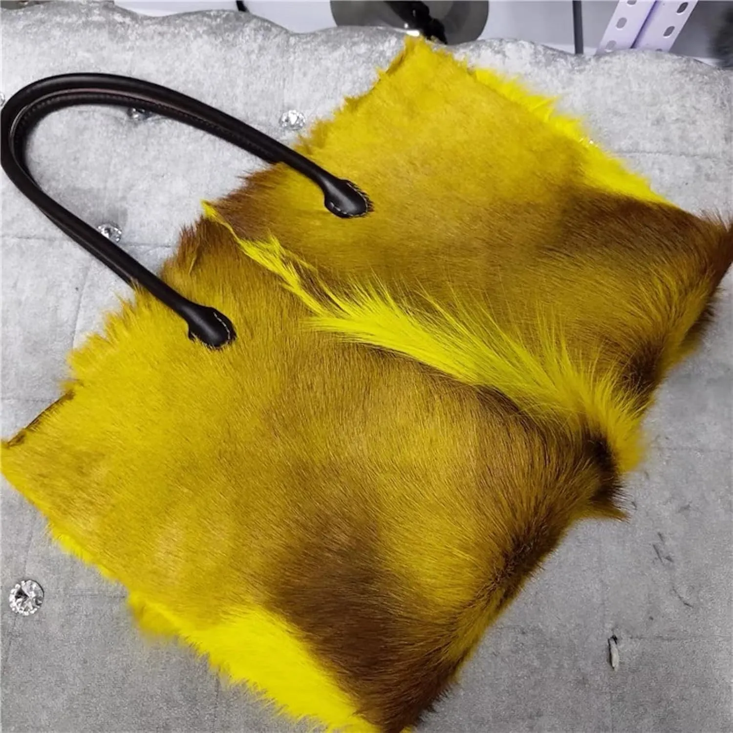 PHS15 Real Sheep Fur Tote Bag For Women With Real Cowhide Leather Handle Big Handbag One Shoulder Bag Shopping Bag Fluffy Furry Goat Fur (One Size, Light yellow)