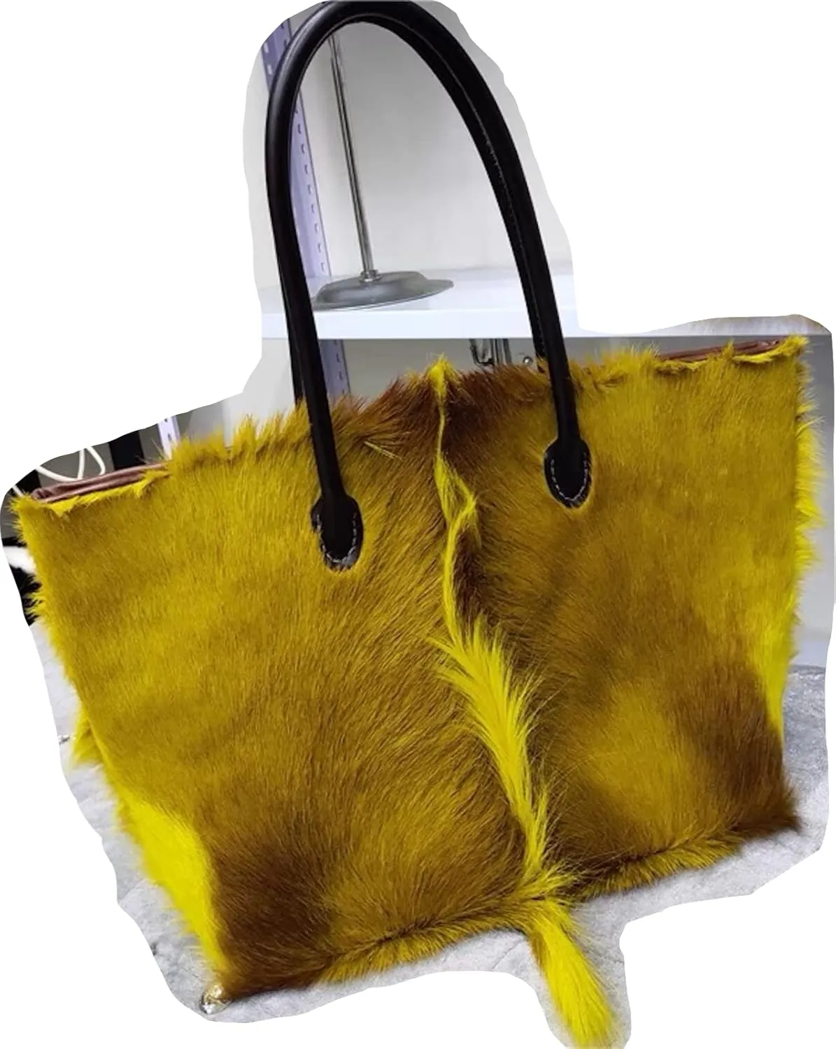 PHS15 Real Sheep Fur Tote Bag For Women With Real Cowhide Leather Handle Big Handbag One Shoulder Bag Shopping Bag Fluffy Furry Goat Fur (One Size, Light yellow)