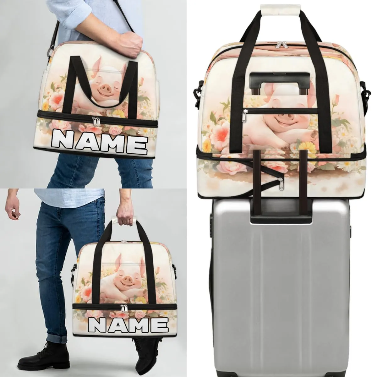 Pig Flower Custom Foldable Duffle Bag with Shoes Compartment Personalized Large Capacity Waterproof Travel Weekender Bag Overnight Bag for Sports Gym