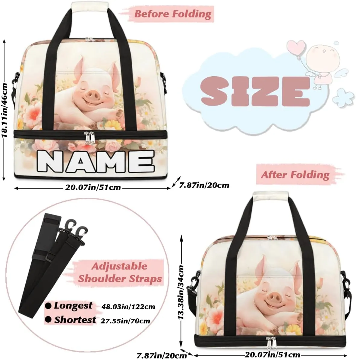 Pig Flower Custom Foldable Duffle Bag with Shoes Compartment Personalized Large Capacity Waterproof Travel Weekender Bag Overnight Bag for Sports Gym