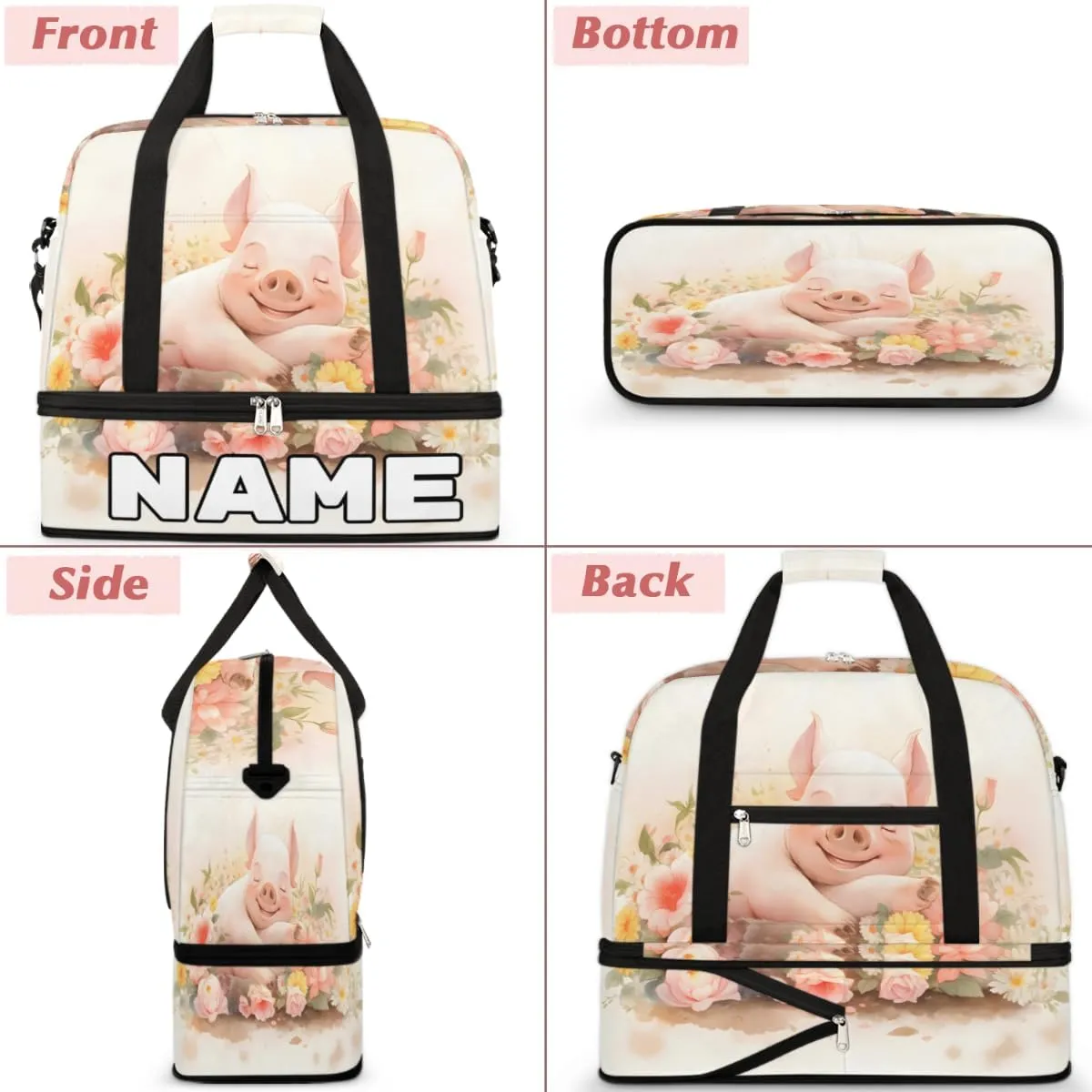 Pig Flower Custom Foldable Duffle Bag with Shoes Compartment Personalized Large Capacity Waterproof Travel Weekender Bag Overnight Bag for Sports Gym