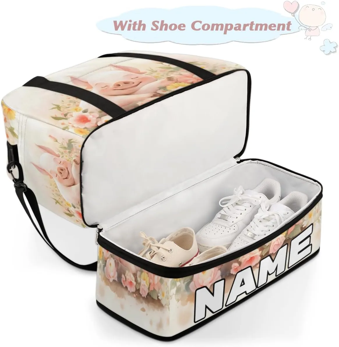 Pig Flower Custom Foldable Duffle Bag with Shoes Compartment Personalized Large Capacity Waterproof Travel Weekender Bag Overnight Bag for Sports Gym