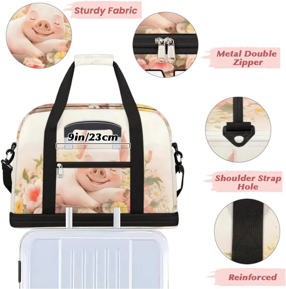 Pig Flower Custom Foldable Duffle Bag with Shoes Compartment Personalized Large Capacity Waterproof Travel Weekender Bag Overnight Bag for Sports Gym