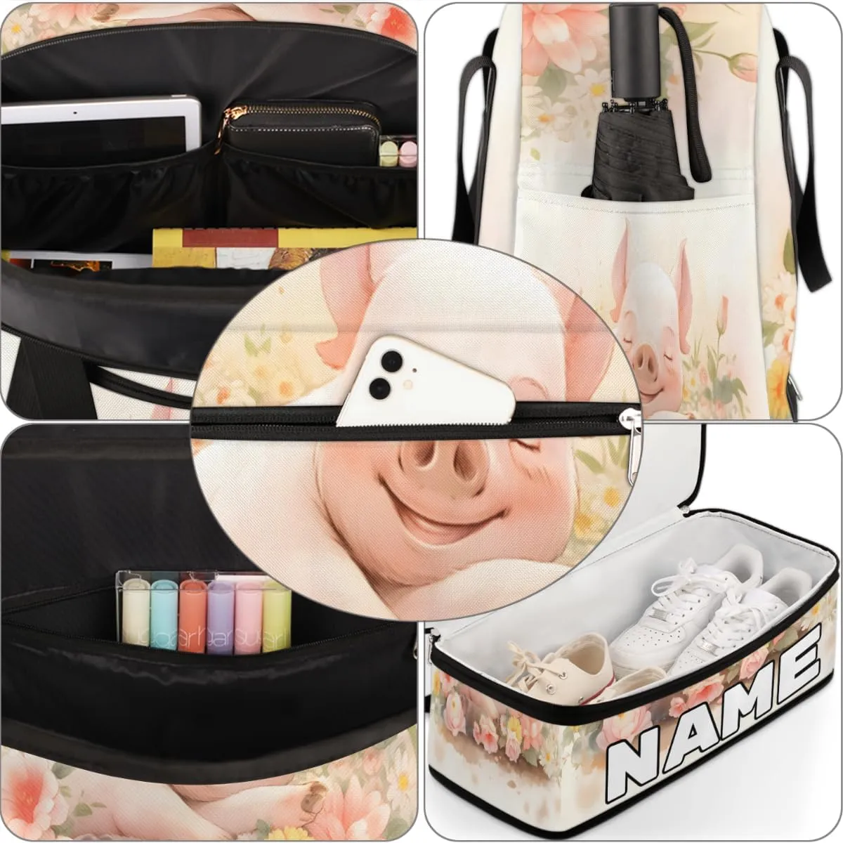 Pig Flower Custom Foldable Duffle Bag with Shoes Compartment Personalized Large Capacity Waterproof Travel Weekender Bag Overnight Bag for Sports Gym