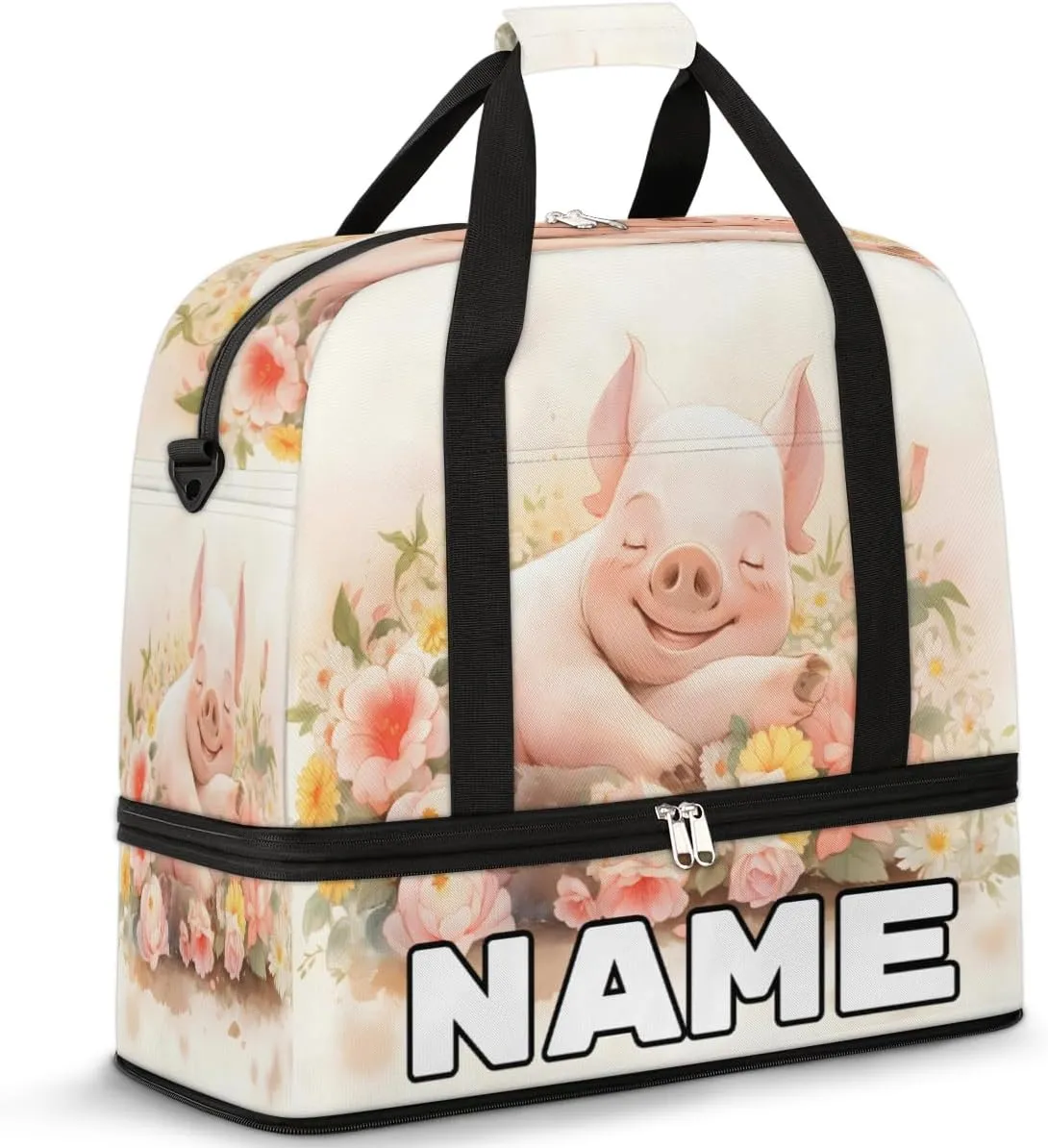 Pig Flower Custom Foldable Duffle Bag with Shoes Compartment Personalized Large Capacity Waterproof Travel Weekender Bag Overnight Bag for Sports Gym