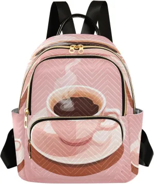 Pink Coffee Cup Backpack Purse for Women Fashion Small Mini Daypack Purse for Lady Anti-theft Shoulder Bag with Double Zipper Weekend Bag
