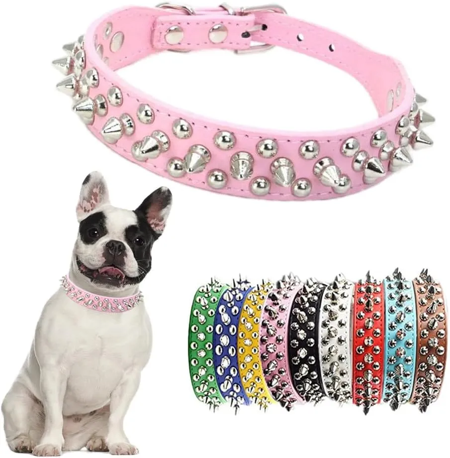 Pink Spiked Dog Collar for Small Dogs,Mushroom Rivet Spike Puppy Collars Girls Boys Leather Studded Cat Collar Metal Buckle Durable Training for XXS XS Small Medium Large Terrier Breed,S