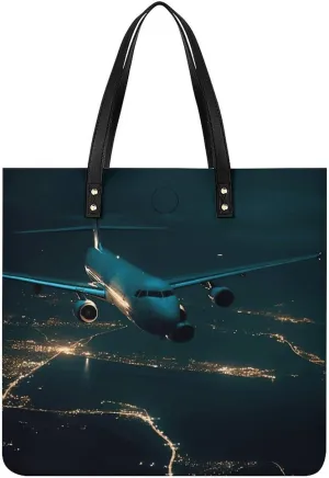Plane Flying at Night Large Leather Handbags Women Fashion Handbag Multifunctional Travel Bag It Is A Great Gift for Mothers, Teachers, Friends, Bridesmaids