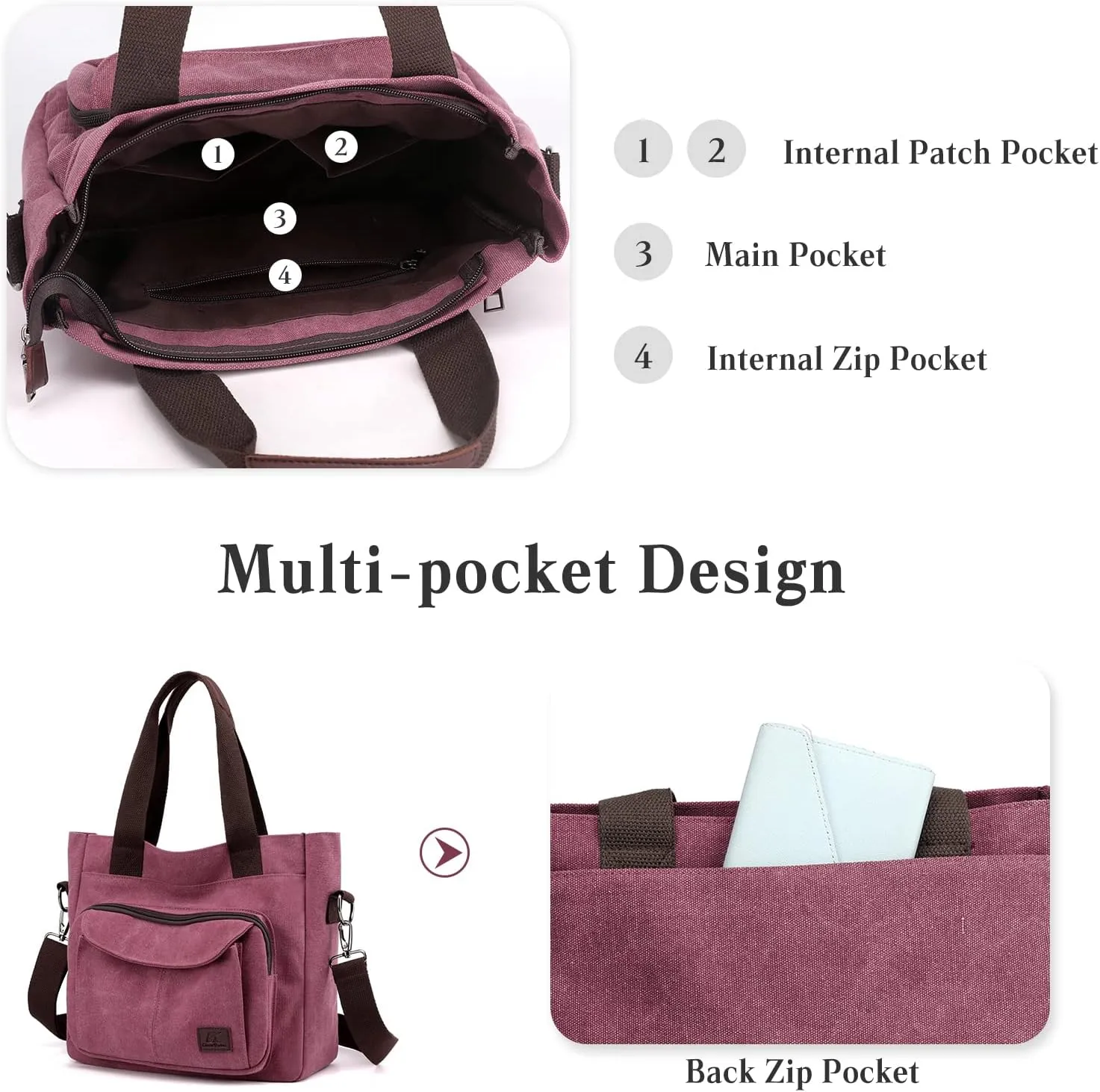 PORRASSO Women Crossbody Bag Canvas Shoulder Bag Tote Ladies Handbag Satchel Messenger Bag for Shopping Travel Work Daily Use Purple