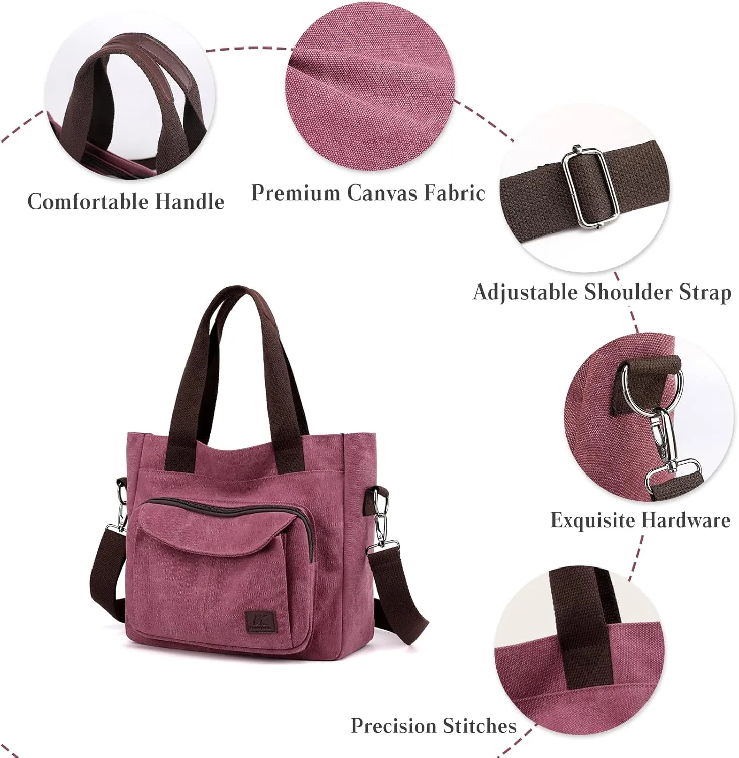PORRASSO Women Crossbody Bag Canvas Shoulder Bag Tote Ladies Handbag Satchel Messenger Bag for Shopping Travel Work Daily Use Purple