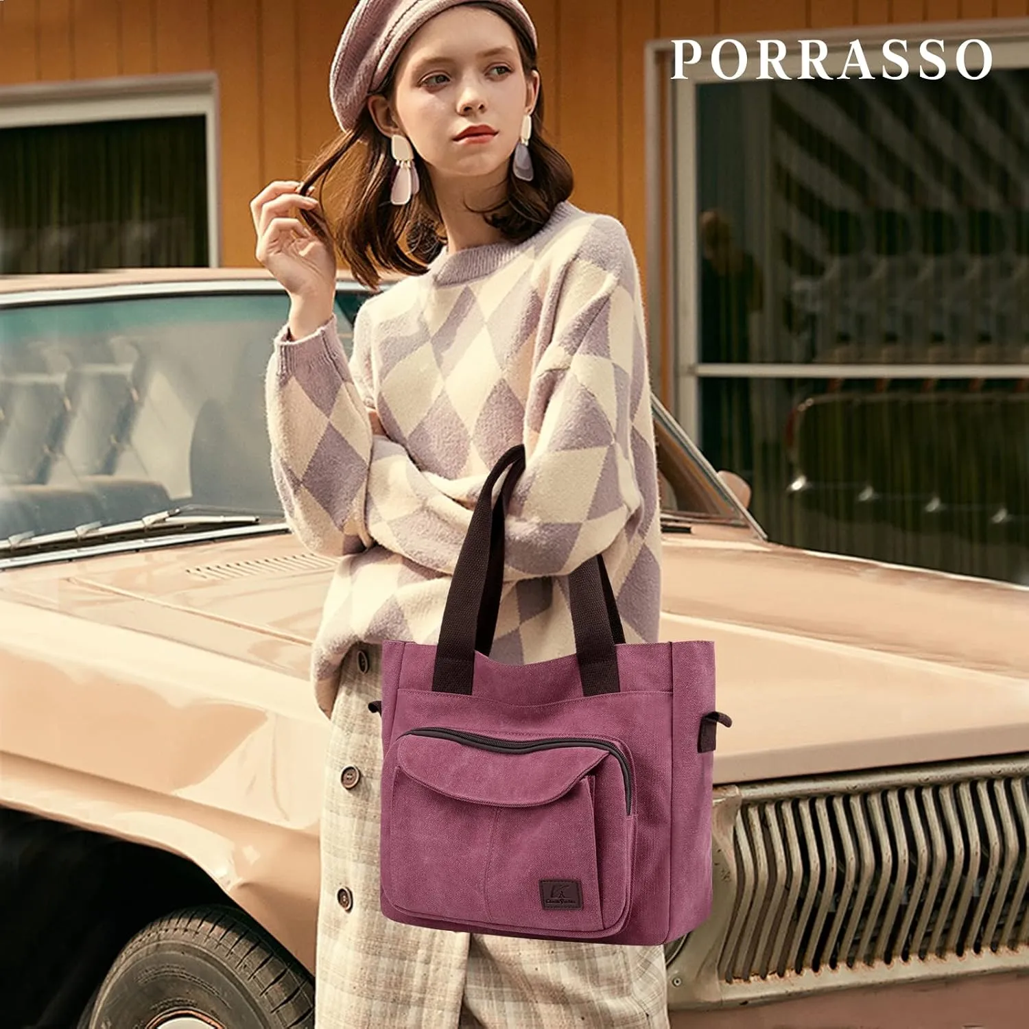 PORRASSO Women Crossbody Bag Canvas Shoulder Bag Tote Ladies Handbag Satchel Messenger Bag for Shopping Travel Work Daily Use Purple