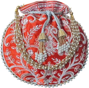 Potli Bag for Women Ethnic Gold, Pearl Handle Floral Accents, Drawstring Closure Pearls Handle Batwa Clutch Purse