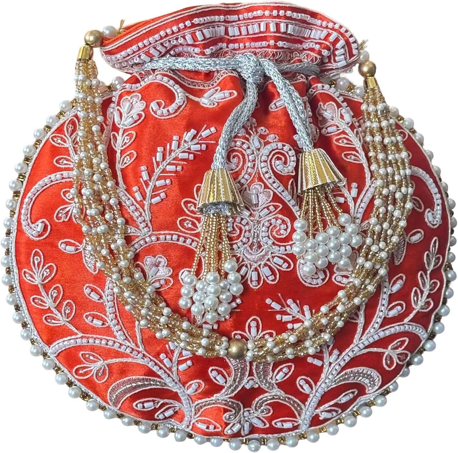 Potli Bag for Women Ethnic Gold, Pearl Handle Floral Accents, Drawstring Closure Pearls Handle Batwa Clutch Purse
