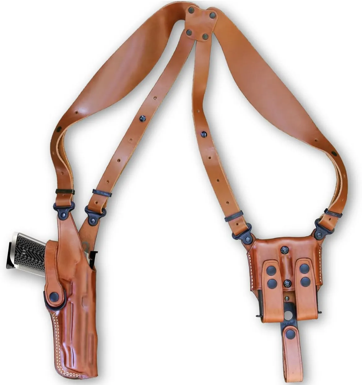 Premium Leather Vertical Shoulder Holster System with Double Magazine Carrier Fits Standart 1911 5'' BBL Colt, Kimber, para, Springfieldd, R/H Draw Brown Color