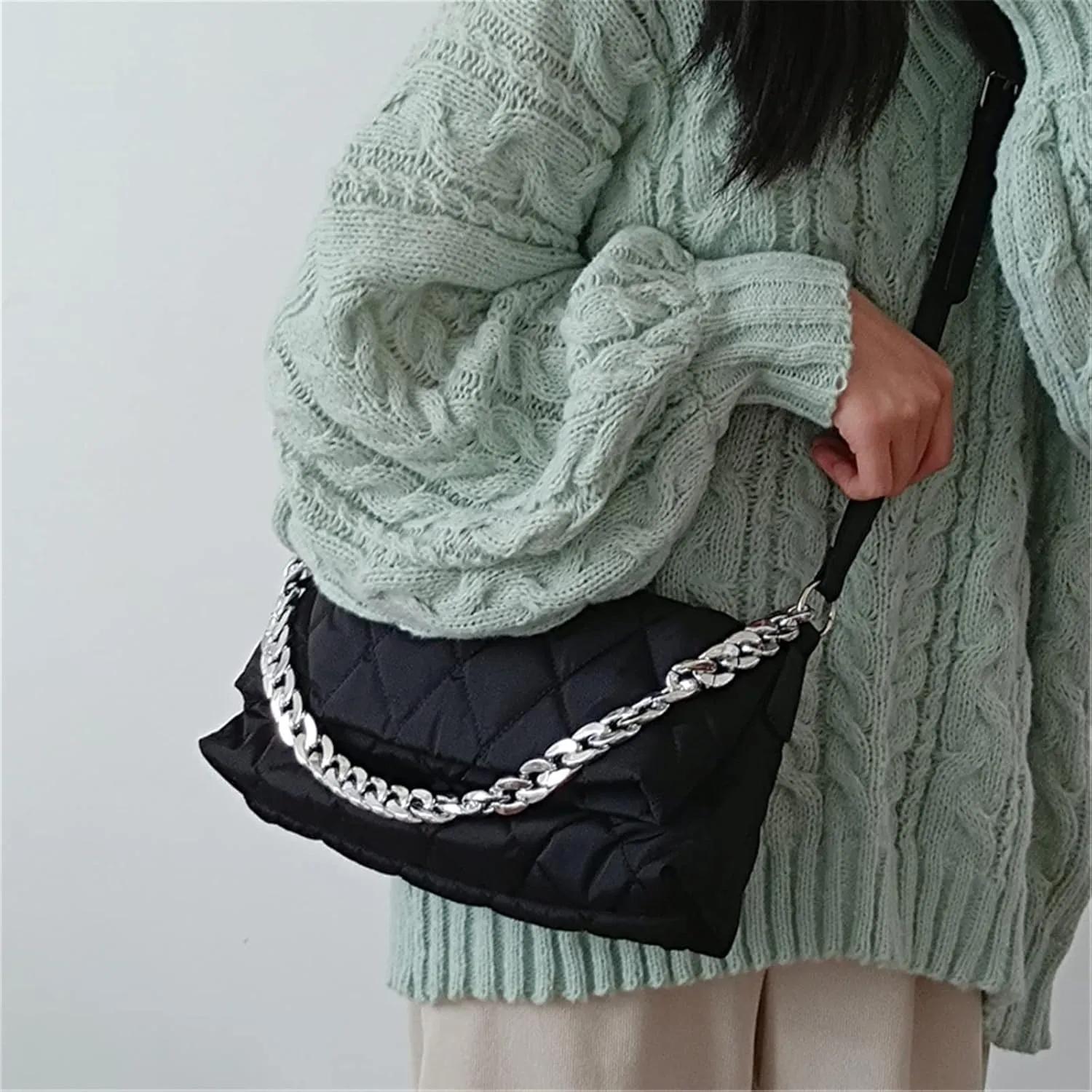 PUB2 Puffer Quilted Bag For Women Embroidery Thread Down Padded Shoulder Bags With Thick Chain Soft Nylon Handbag Long Cross Body Exchangeable Strap (One Size, Black)