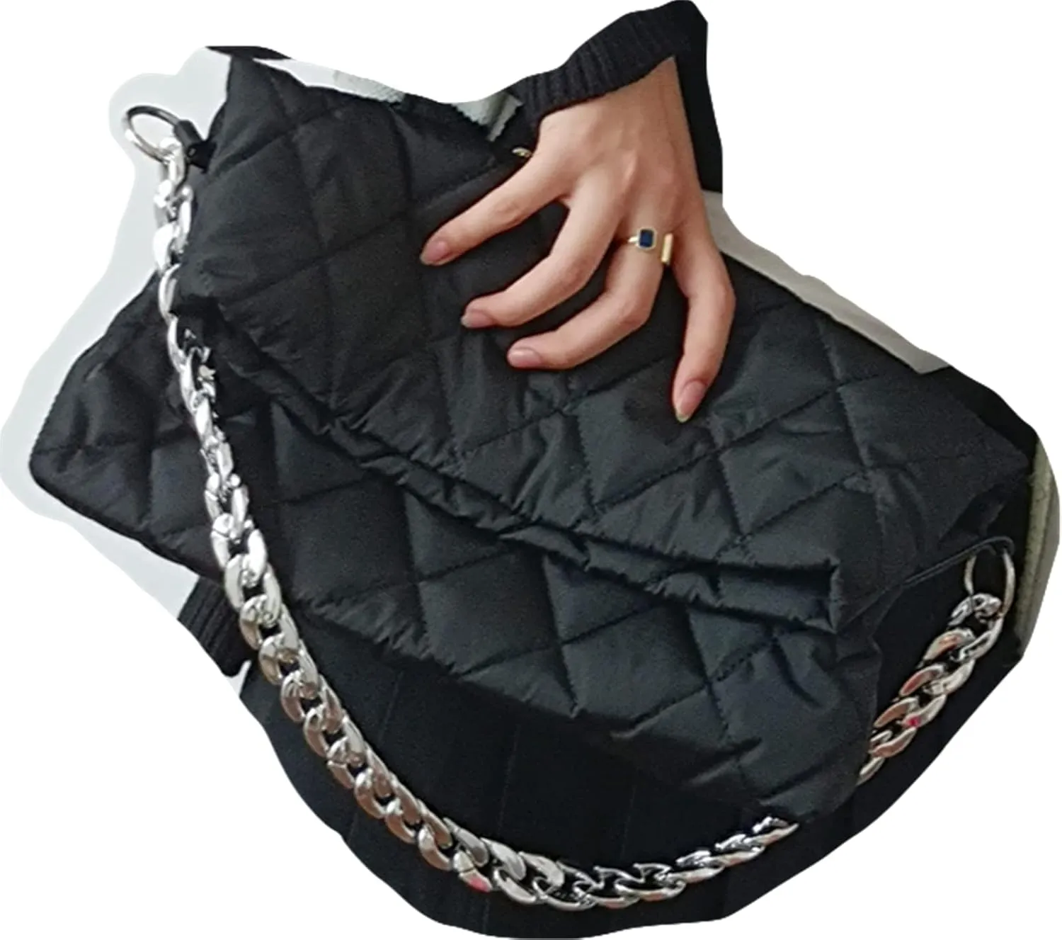 PUB2 Puffer Quilted Bag For Women Embroidery Thread Down Padded Shoulder Bags With Thick Chain Soft Nylon Handbag Long Cross Body Exchangeable Strap (One Size, Black)