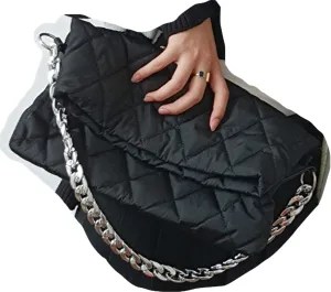 PUB2 Puffer Quilted Bag For Women Embroidery Thread Down Padded Shoulder Bags With Thick Chain Soft Nylon Handbag Long Cross Body Exchangeable Strap (One Size, Black)