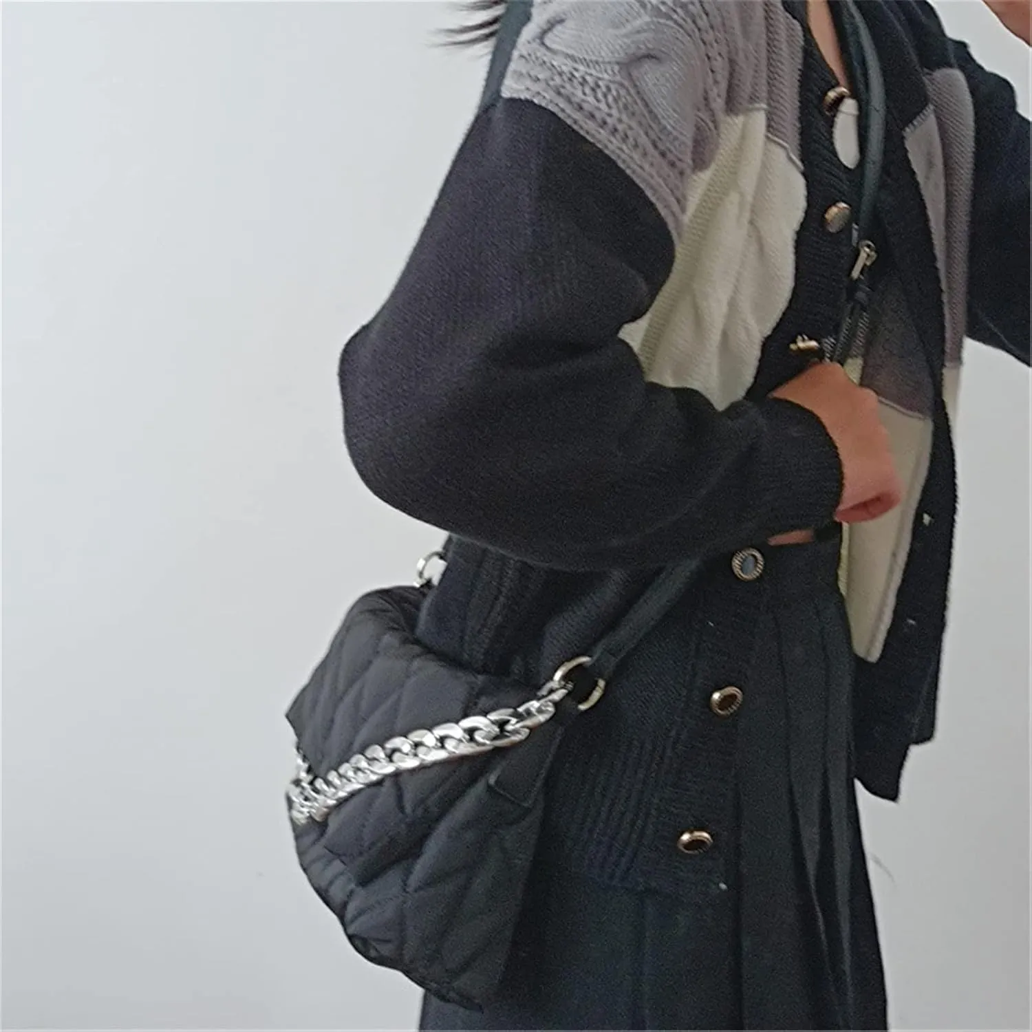 PUB2 Puffer Quilted Bag For Women Embroidery Thread Down Padded Shoulder Bags With Thick Chain Soft Nylon Handbag Long Cross Body Exchangeable Strap (One Size, Black)