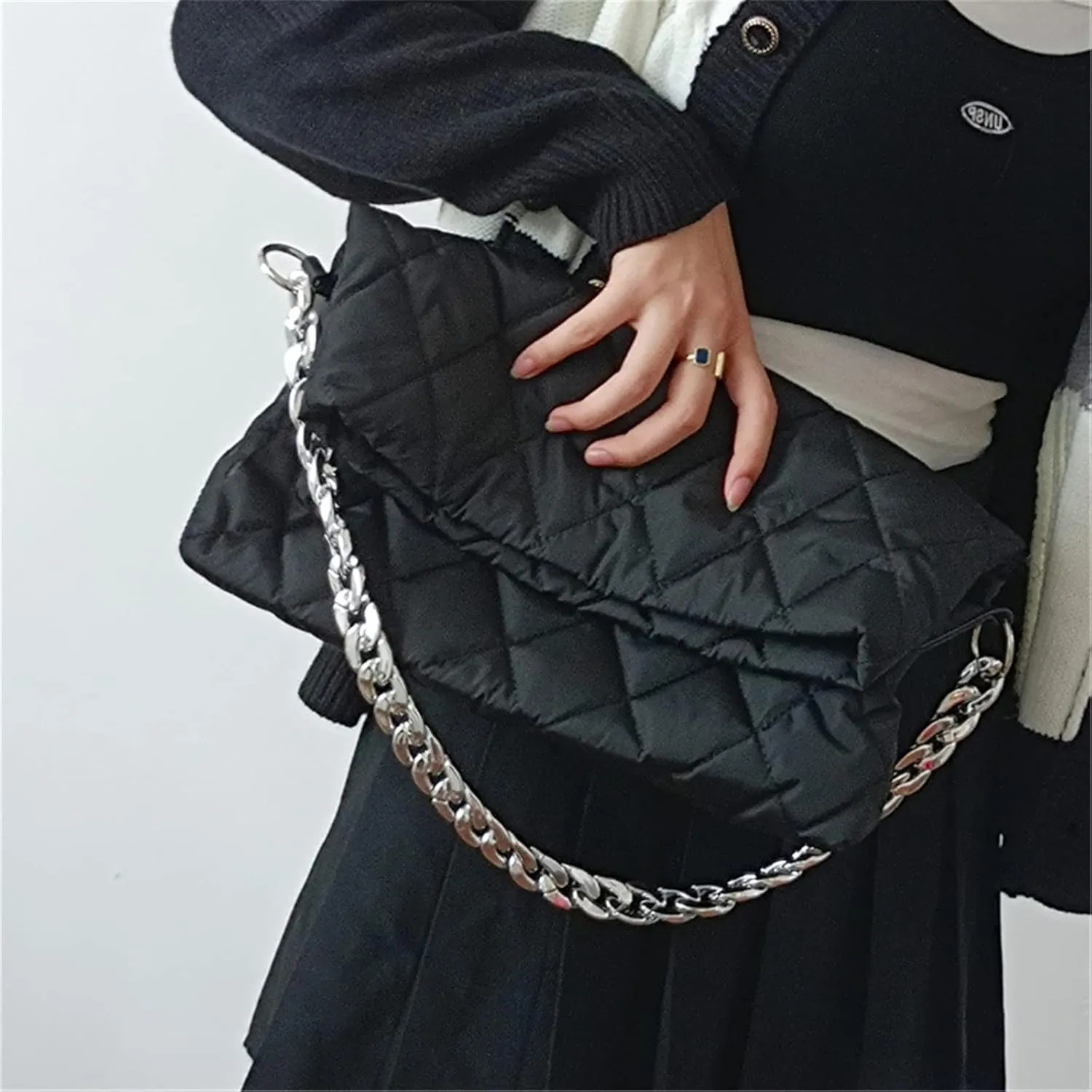 PUB2 Puffer Quilted Bag For Women Embroidery Thread Down Padded Shoulder Bags With Thick Chain Soft Nylon Handbag Long Cross Body Exchangeable Strap (One Size, Black)