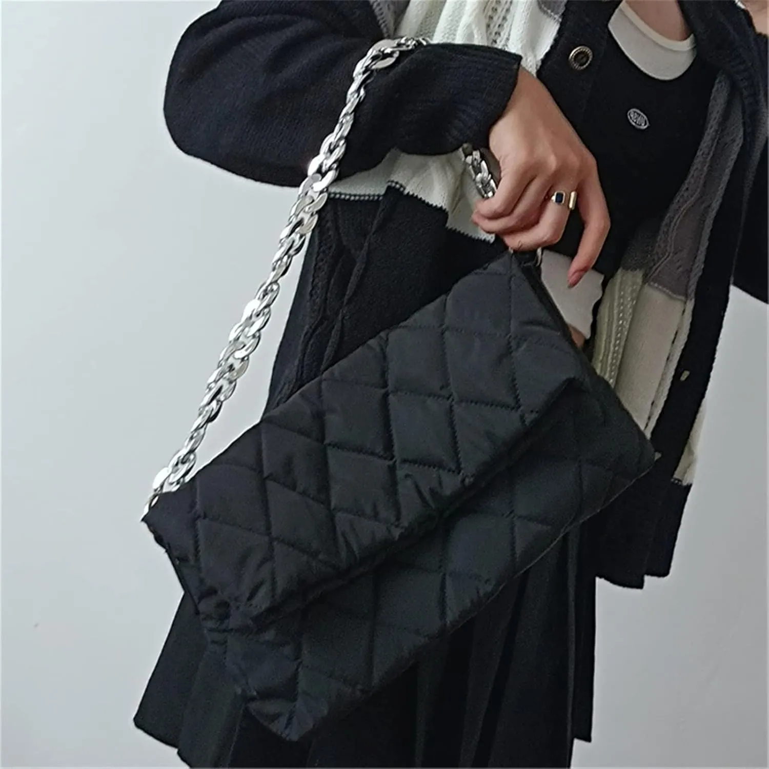 PUB2 Puffer Quilted Bag For Women Embroidery Thread Down Padded Shoulder Bags With Thick Chain Soft Nylon Handbag Long Cross Body Exchangeable Strap (One Size, Black)