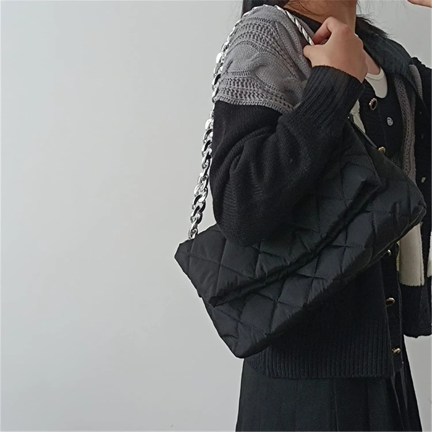 PUB2 Puffer Quilted Bag For Women Embroidery Thread Down Padded Shoulder Bags With Thick Chain Soft Nylon Handbag Long Cross Body Exchangeable Strap (One Size, Black)