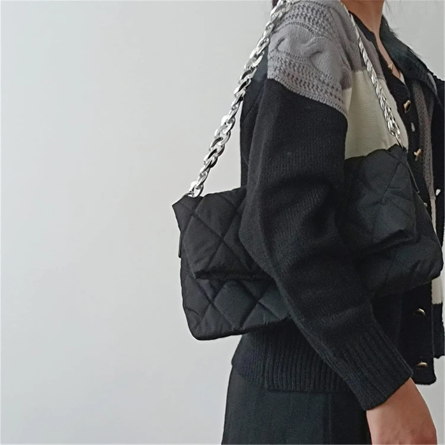 PUB2 Puffer Quilted Bag For Women Embroidery Thread Down Padded Shoulder Bags With Thick Chain Soft Nylon Handbag Long Cross Body Exchangeable Strap (One Size, Black)