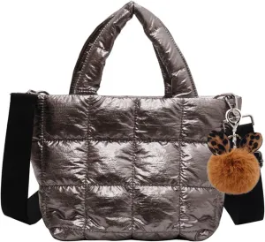 Puffer Tote Bag with Pendant Quilted Shoulder Bags for Women Lightweight Handbag Puffy Cross Body Bags