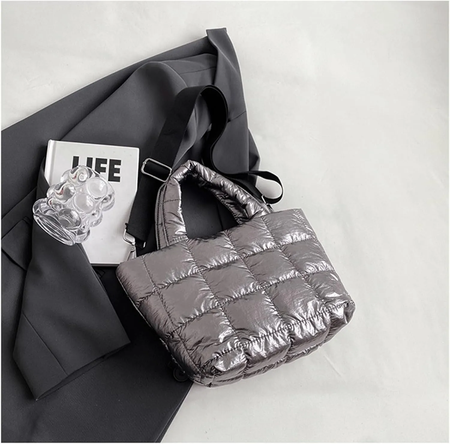 Puffer Tote Bag with Pendant Quilted Shoulder Bags for Women Lightweight Handbag Puffy Cross Body Bags