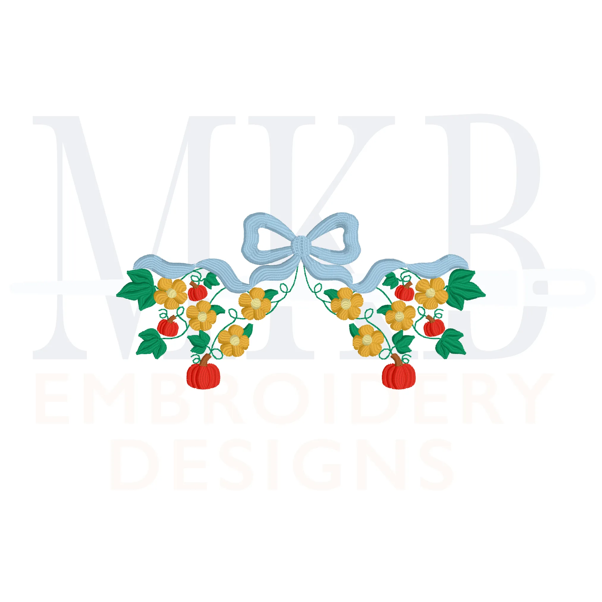 Pumpkin Floral Bow Frame Machine Embroidery Design File
