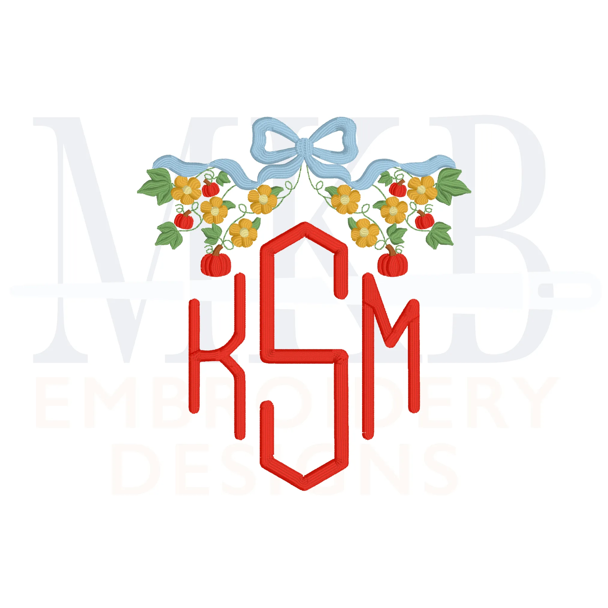 Pumpkin Floral Bow Frame Machine Embroidery Design File