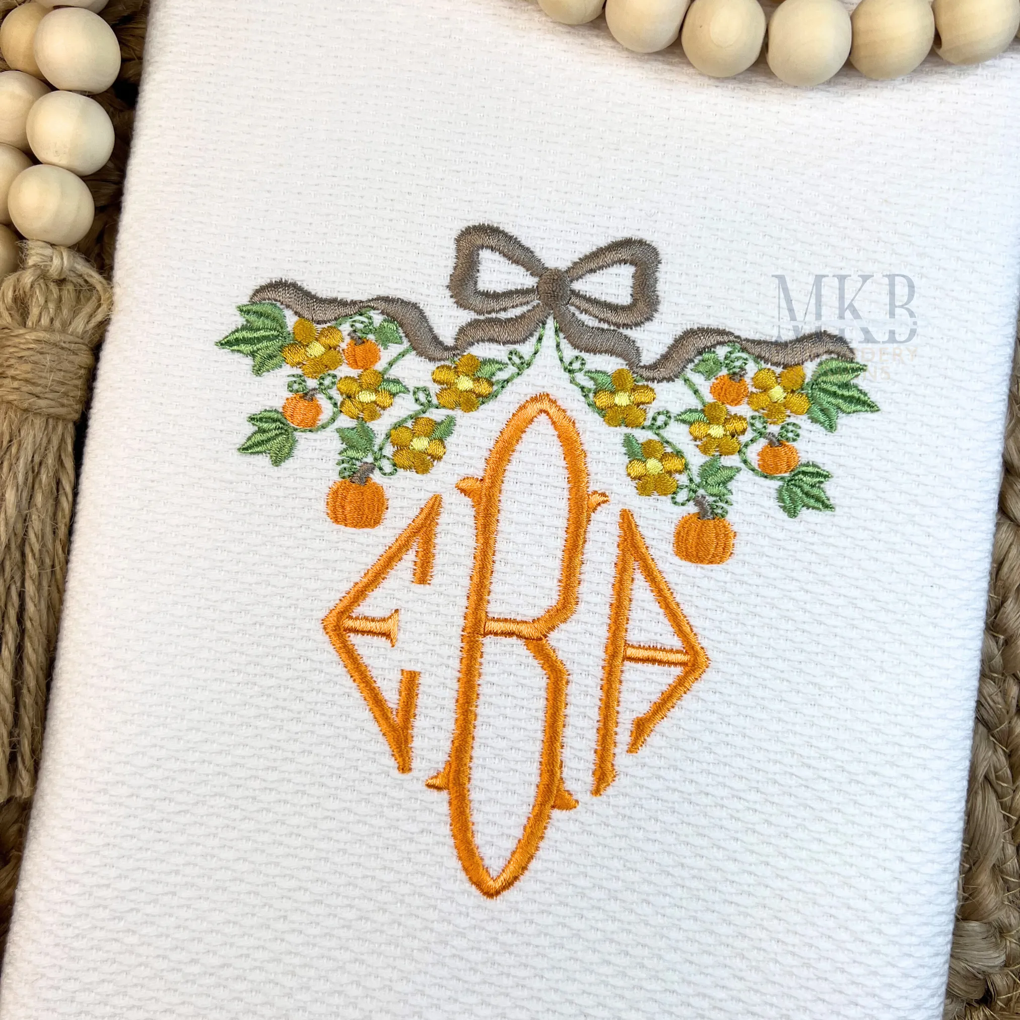 Pumpkin Floral Bow Frame Machine Embroidery Design File