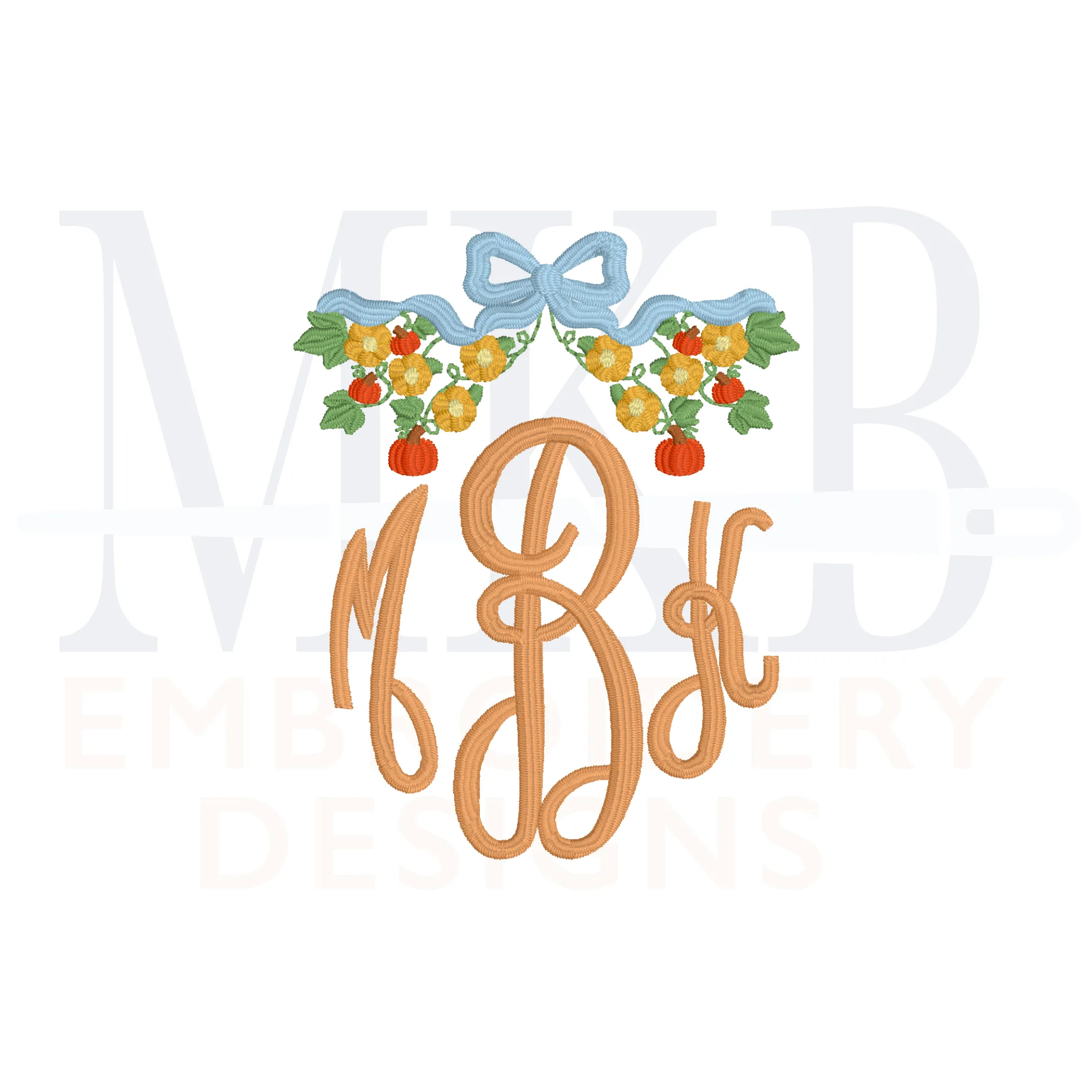 Pumpkin Floral Bow Frame Machine Embroidery Design File