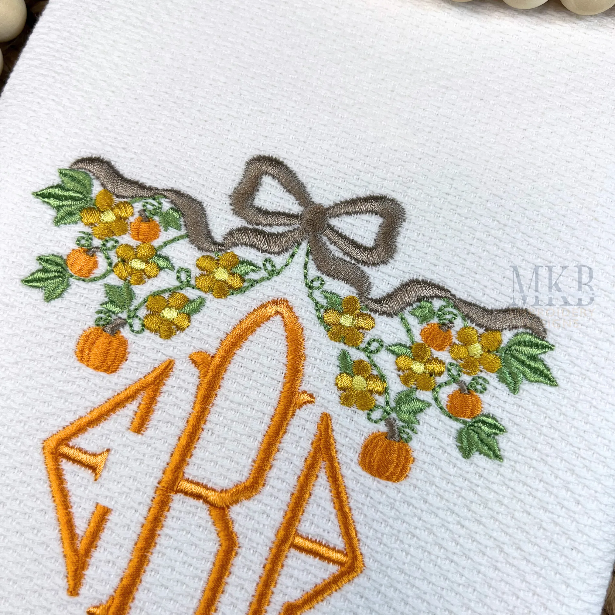 Pumpkin Floral Bow Frame Machine Embroidery Design File