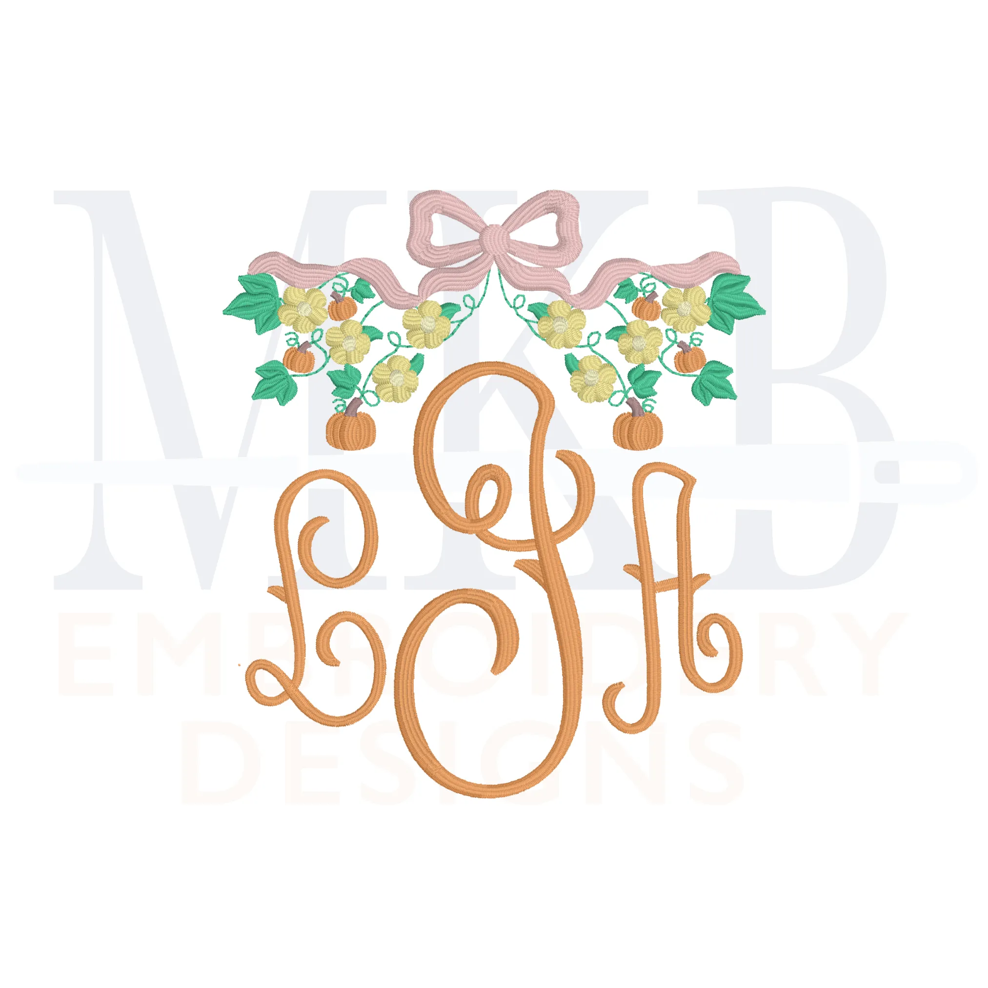 Pumpkin Floral Bow Frame Machine Embroidery Design File