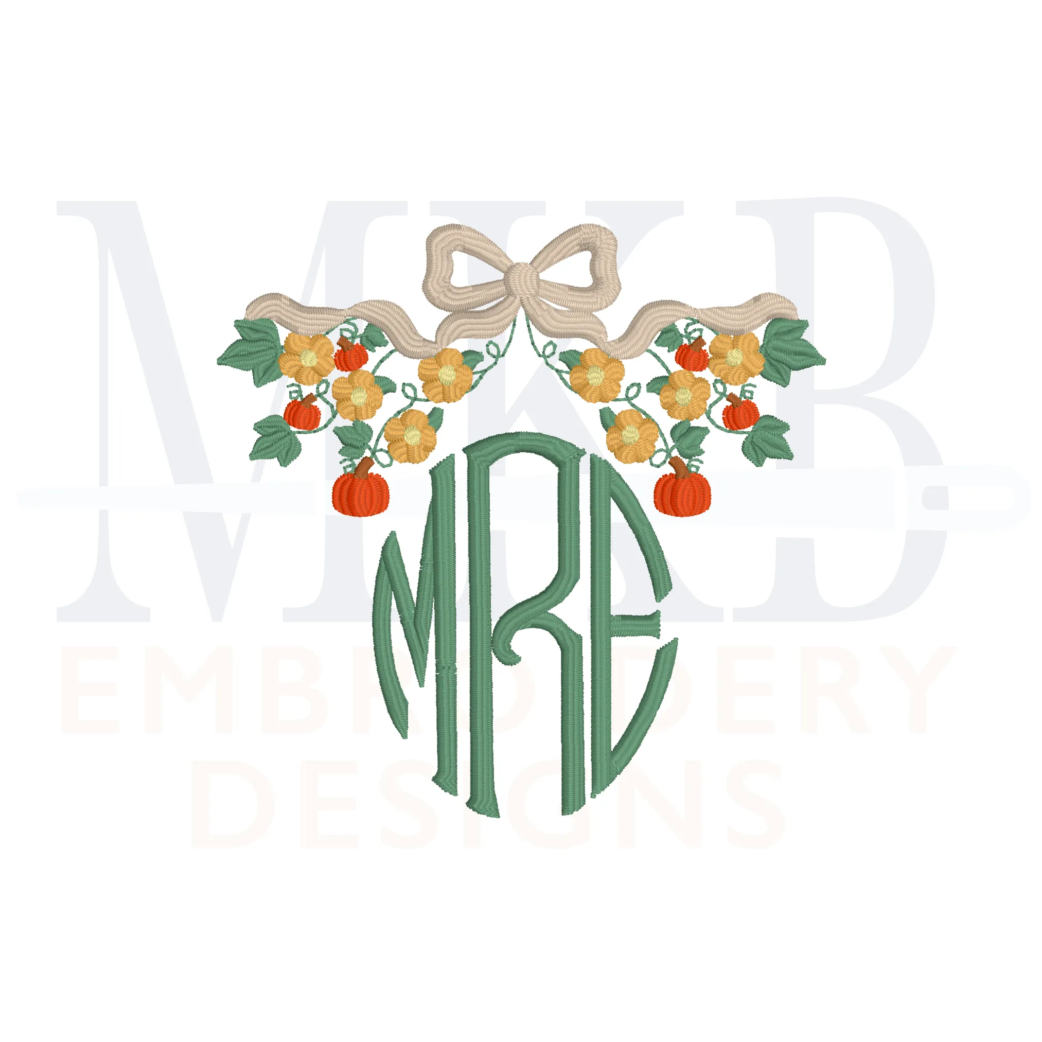 Pumpkin Floral Bow Frame Machine Embroidery Design File