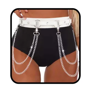 Punk Leather Body Chain Gothic Waist Belt Chains Layered Harness Nightclub Prom Body Accessories for women and Girls (White)