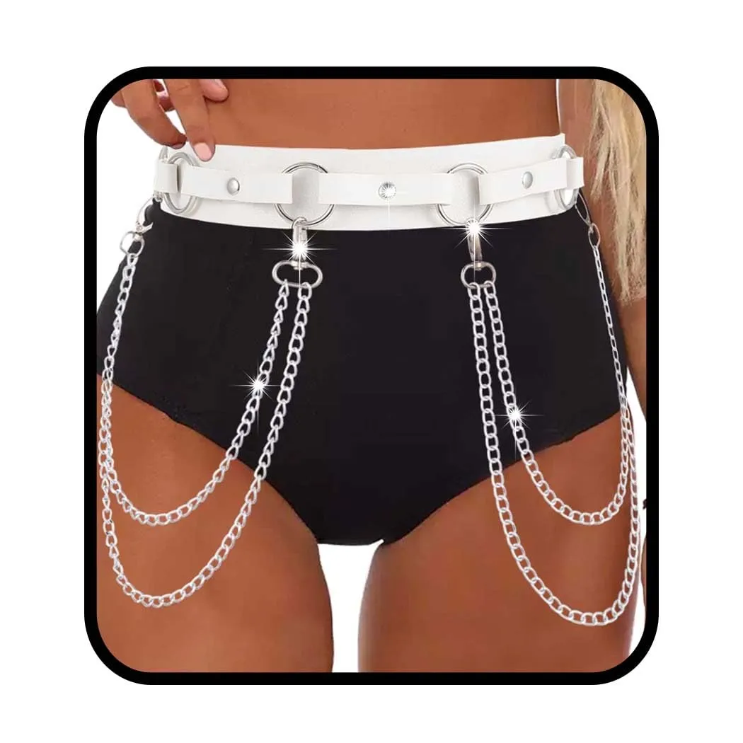 Punk Leather Body Chain Gothic Waist Belt Chains Layered Harness Nightclub Prom Body Accessories for women and Girls (White)