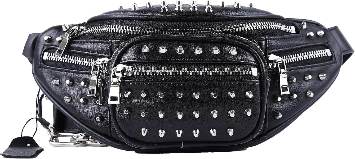 Punk Studs Funny Pack Cross-Body Waist Bag for Women Rivets Shoulder Purse with Adjustable Strap