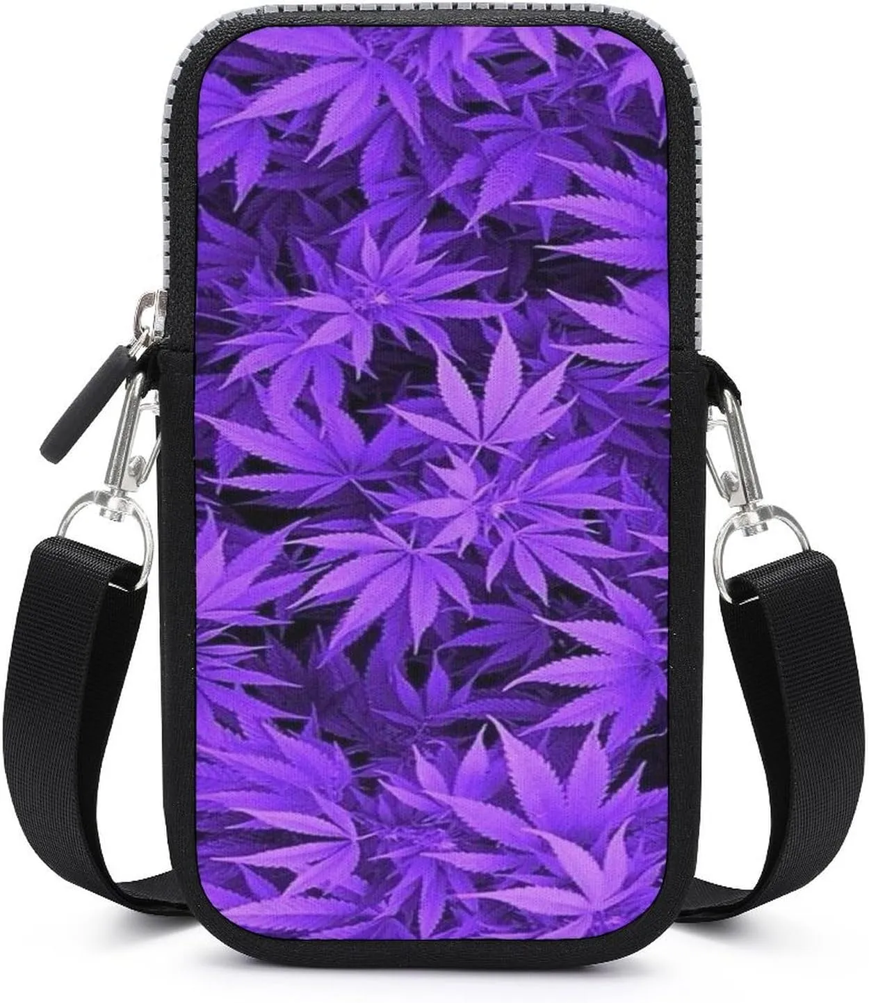 Purple Pot Leaf Weed Crossbody Cell Phone Purse Crossbody Mini Bag Fashion Phone Pouch Wallet with Detachable Strap