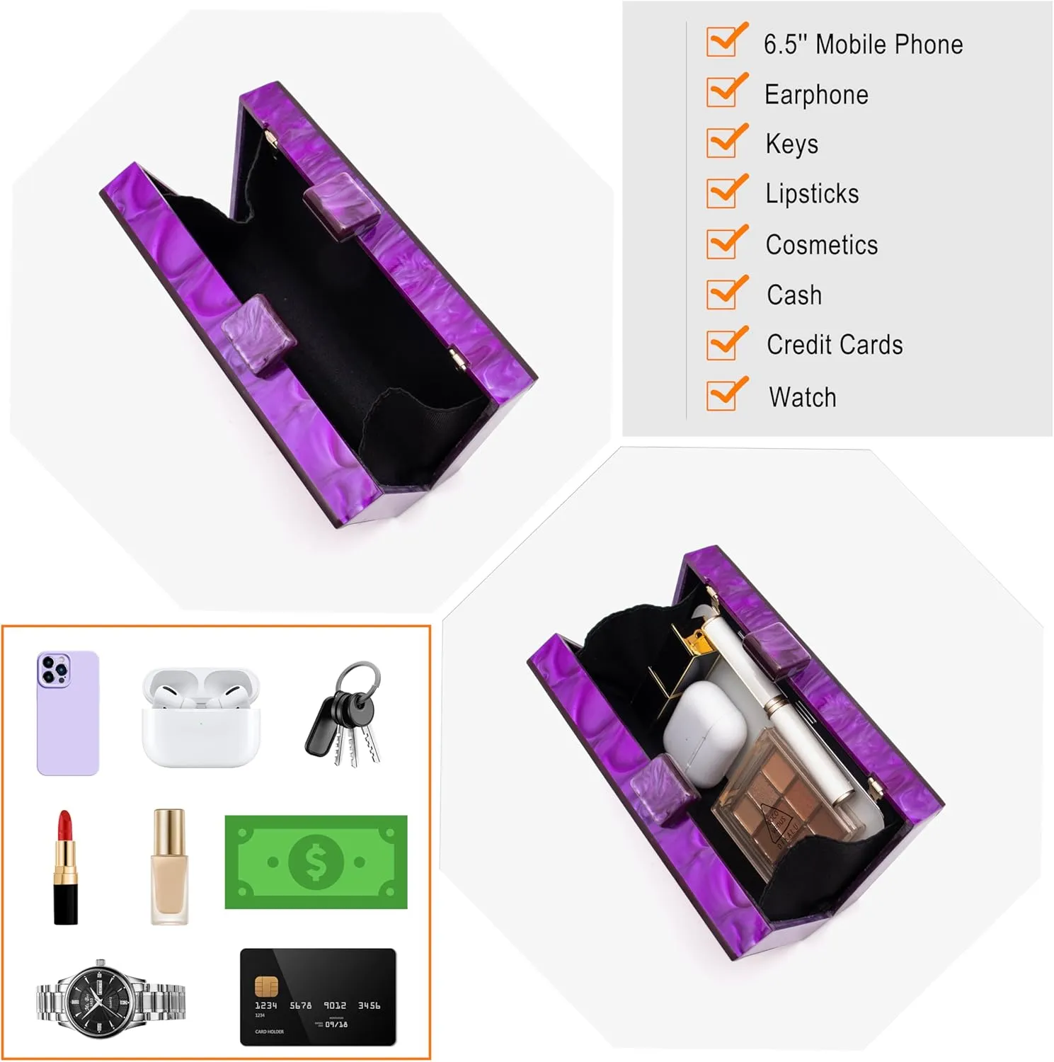 Purse for Women Rhinestones Clutch Bag Acrylic Evening Bag for Wedding Party Shoulder Crossbody Bag with Chain Strap