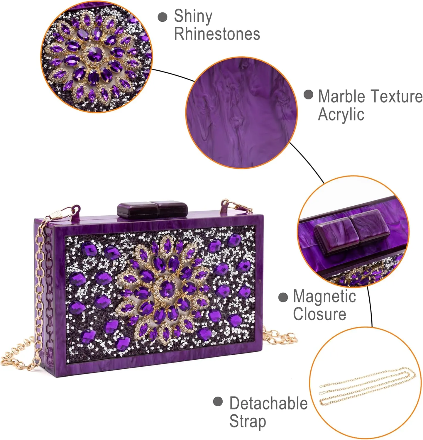 Purse for Women Rhinestones Clutch Bag Acrylic Evening Bag for Wedding Party Shoulder Crossbody Bag with Chain Strap