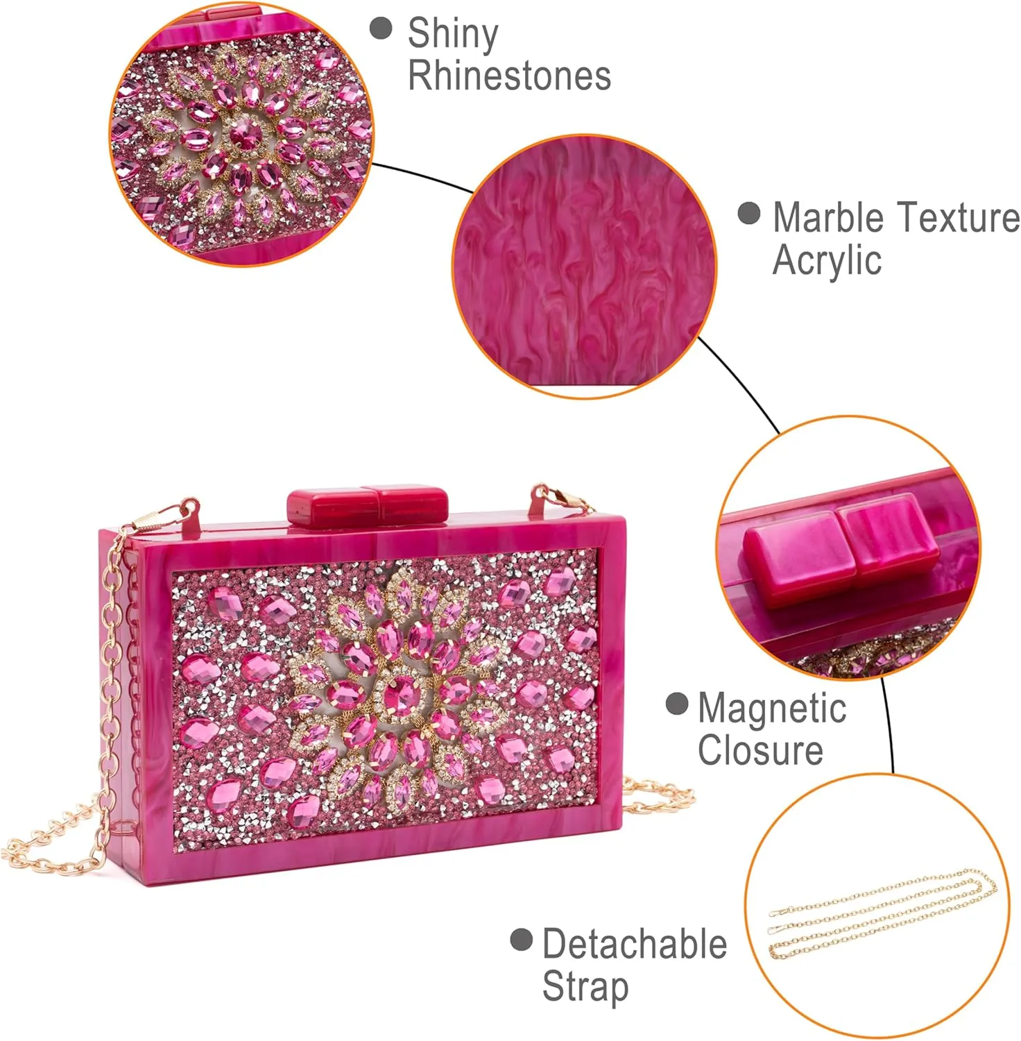 Purse for Women Rhinestones Clutch Bag Acrylic Evening Bag for Wedding Party Shoulder Crossbody Bag with Chain Strap