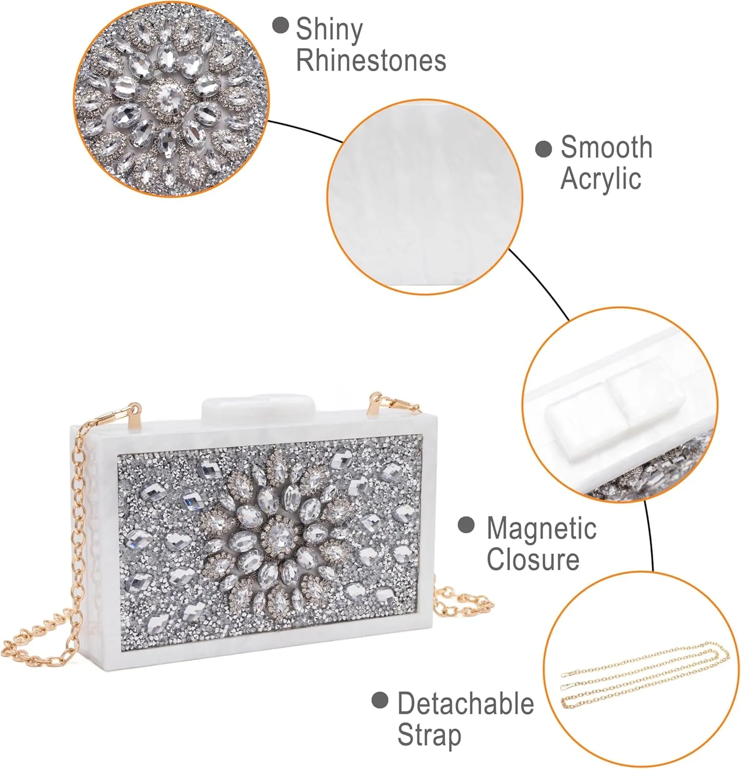 Purse for Women Rhinestones Clutch Bag Acrylic Evening Bag for Wedding Party Shoulder Crossbody Bag with Chain Strap