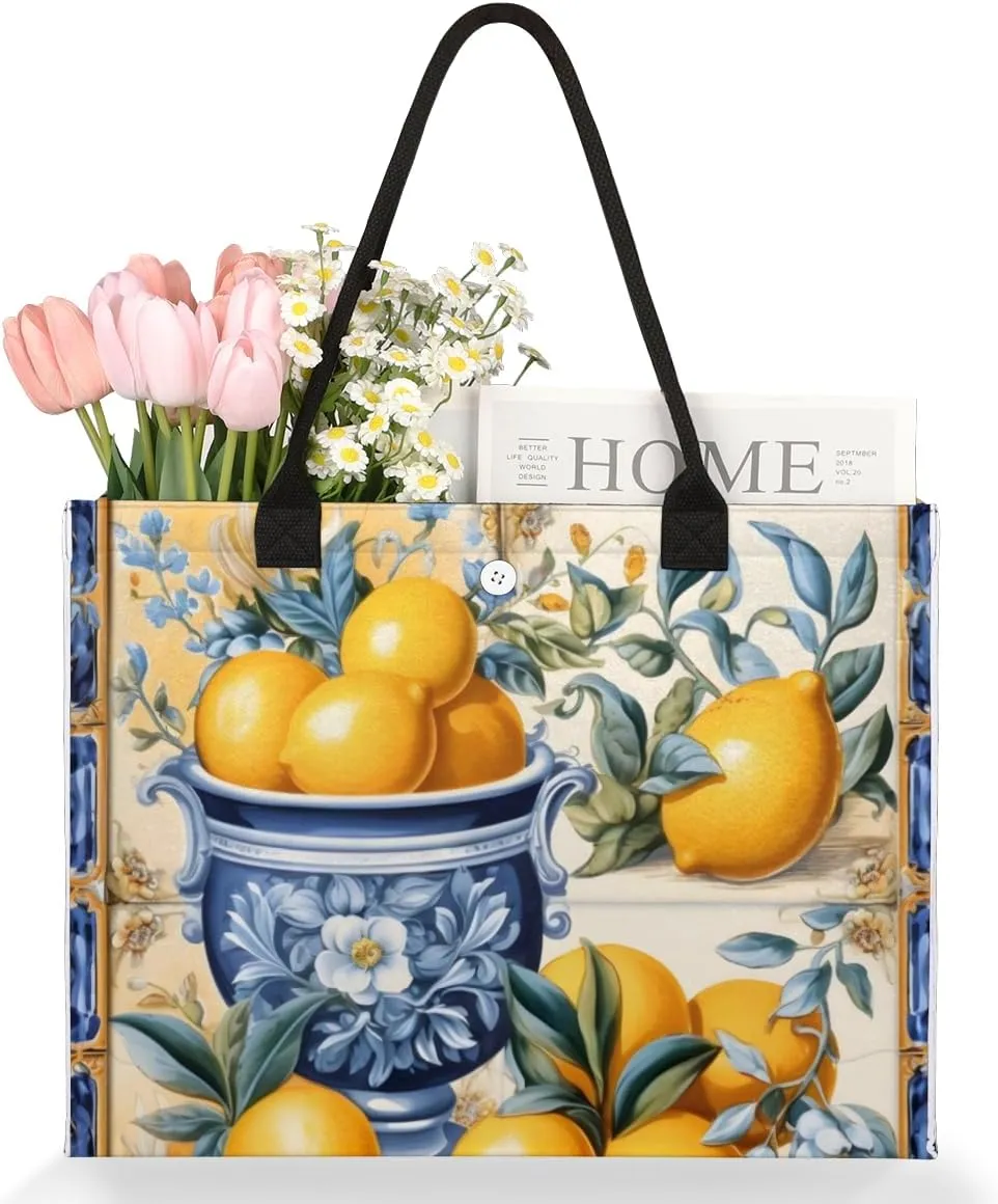 QsirBC Lemon Plant Texture Tote Bag for Women Shoulder Bags with Pockets Handbags Purses Large Totes