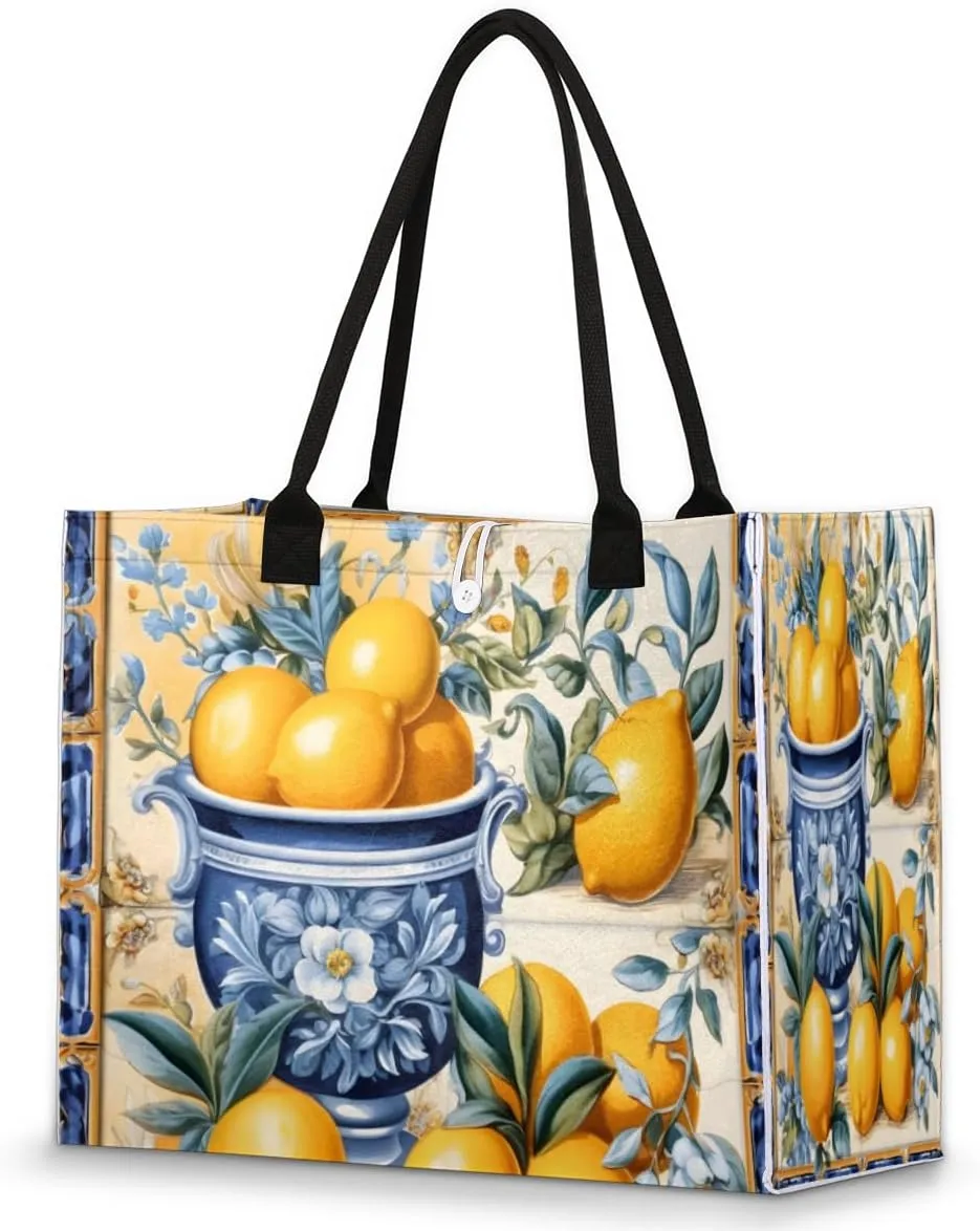 QsirBC Lemon Plant Texture Tote Bag for Women Shoulder Bags with Pockets Handbags Purses Large Totes